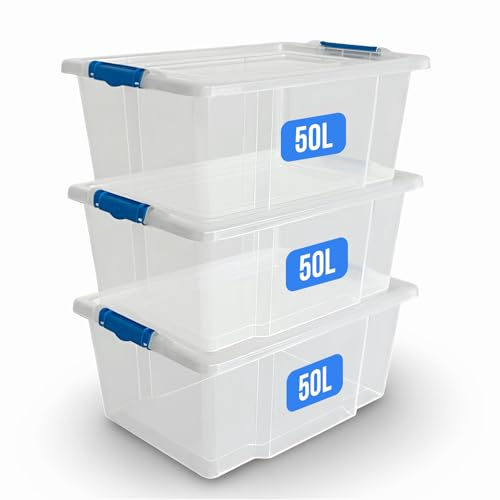 KAPCO Stackable Storage Bins with Lids – 3 x 50L Clear Plastic Organizer Boxes | Durable Modular Containers with Clip Lock Handles for Home, Garage, Loft, Kitchen, Closet, Office, Moving, Pantry Use