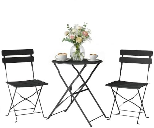 Outsunny Ensemble Bistrot de Jardin 3 Pièces san Montage Métal Noir | Table et 2 Chaises Pliantes à Lattes, Double Protection Antirouille, Mobilier de Balcon, Terrasse et Extérieur