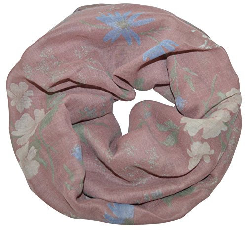 thb Richter Damen Loopschal Rundschal mit Blumenmuster Blumen Margeriten Nelken flowers Leaf Leaves Blätter Baumblätter Halstuch Loop Natur Tree (Altrosa)