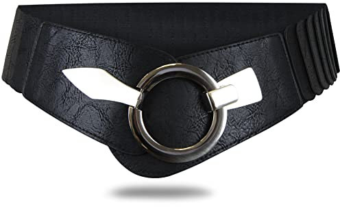 Elastischer Damen Taillengürtel, ca. 6 cm breiter Hüftgürtel mit silberner Ring-Schließe, Schwarz, 75 (für Taillenumfang 75-90 cm)-75 cm (für Taillenweite 75-90 cm)-Schwarz