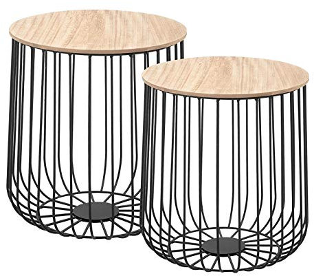 CARO-Möbel Couchtisch ERRANO in Natur, Beistelltisch im praktischen 2er Set, Wohnzimmertisch als Metallkorb mit Deckel für Stauraum, Vintage Look