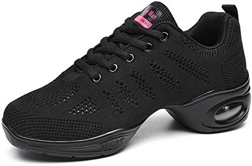 Women's Jazz Shoes Lace-up Sneakers - Breathable Air Cushion Lady Split Sole Athletic Walking Dance Shoes Platform Black,7