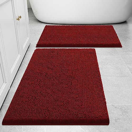 smiry Badezimmerteppiche und -matten-Set, 2-teilig, Chenille-Badematten-Set, maschinenwaschbar, trocken, rutschfest, saugfähig, Dusche und Badewanne (50.8 x 81.3 cm + 43.2 x 61 cm, weinrot)