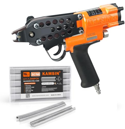 Kamsin K-SC7E 15 Gauge lång näsa pneumatisk gris ringpistolsats – 3/4 tum C-ringhäftapparat med 1 000 st häftklamrar (7-8 mm stängning) – luftdriven för trådburar, staket, djurfällor