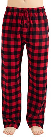 JTPW Men's 100% Cotton Flannel Sleep Pajama Pants With Pockets, Black Red Check, Size: M
