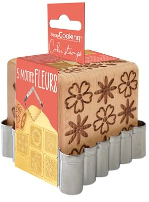 ScrapCooking - Timbro per pasticceria in legno, motivo floreale, con 1 taglierino per biscotti e cubo, decorazione a forma di fiore, con 5 facce incise in rilievo, decorazione