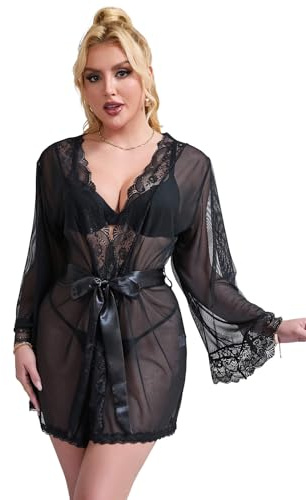 ohyeahlady Baby doll Intimo Donna Pizzo Hot Tagile Fort Kimono Pigiama Sexy Completino Intimo lingerie Curvy Camicia da Notte Eleganti Accappatoio Vestaglia String Cintura(Nero,M-L)