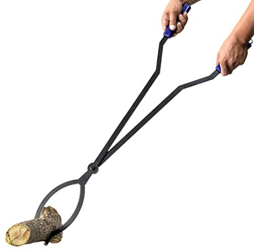 Pinzas de tronco de 40 pulgadas para leña mango azul, herramienta grande de hierro forjado para hoguera al aire libre/interior para hoguera para patio trasero, camping, resistente, resistente al óxido