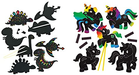 Baker Ross Kratzbild-MagneteDinosaurier (10er Pack) perfekt als Mitgebsel für Kinder & Kratzbild-Bastelsets „Einhorn“ mit Magneten (10 Stück) – buntes Regenbogen-Kratzpapier – Bastelidee für Kinder