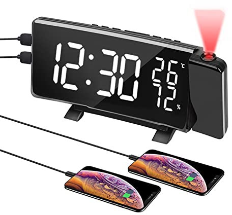 Projektionsväckarklocka, FM-radioklocka LED-skärm, 2-USB-Laddarportar, Snooze, Digital Väckarklocka för Sovrummet