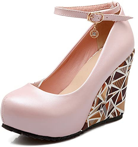 Donna Décolleté con Zeppa Punta Rotonda Pompe di Moda Fibbia Scarpe da Festa con Tacco Alto con Plateau con Cinturino alla Caviglia, 15036Ngp Rosa Numero 40 EU