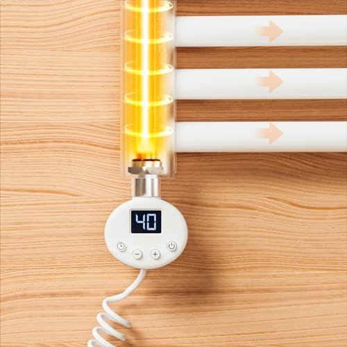 EMKE Heizstab Badheizkörper 300W, Heizpatrone aus Edelstahl für Heizkörper Elektrischer Handtuchheizkörper, Heizstab mit Thermostat Elektronischer Temperaturregler und Timerfunktion Weiß