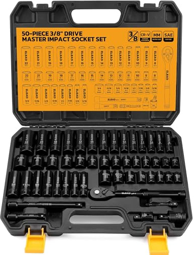 ELEAD 3/8'' Drive Impact Socket Set - 50-Piece Shallow & Deep Socket Set Metric and Standard Full with Universal Joint, Extension Bar, 1/2 to 3/8 Reducer, Hex Shank Socket Adapter, Ratchet Handle