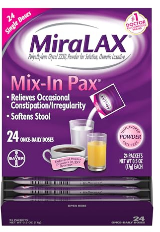 MiraLAX Gentle Constipation Relief Laxative Powder, Stool Softener with PEG 3350, No Harsh Side Effects, 1 Doctor & OBGYN Recommended, Single Dose Mix-in Pax, Travel Pack, 24 Dose