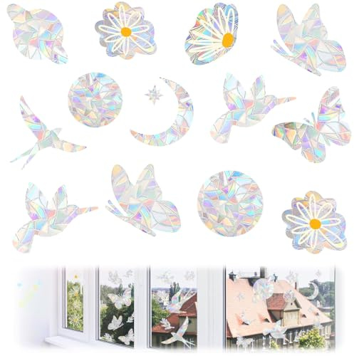 KATIMI 68 Piezas Pegatinas para Ventana, Pegatinas de Prisma para Ventana Protección de Aves Pegatinas de Protección de Aves para Ventana de Protección de Aves Arco Iris (6 Formas)