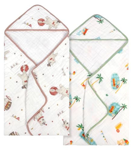 decalsweet 2 Pcs Toalla Bebe con Capucha, 100% Algodón Muselina Toalla de Playa de Bebé Transpirable y Absorbente, Toalla Infantil Toalla de Baño para Recién Nacidos 90 x 90 cm (Puppy Circus)