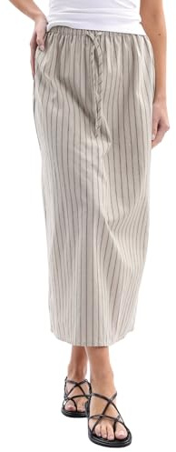 Amahziyu - Faldas de mezcla de lino para mujer, falda de tubo a rayas, cintura elástica midi, faldas de mujer ajustadas, rectas, para primavera y verano, Gris y lino, XL