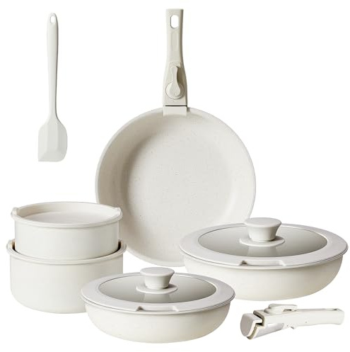 Sweetcrispy 12 pcs Pots and Pans Set, Nonstick Kitchen Induction Cookware Suit with Detachable Handle, Dishwasher Oven Safe, Milky White