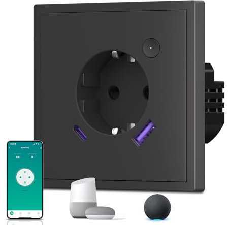 BSEED Prise Wi-Fi avec USB Typ C 20W, Prises en Matt avec bouton de commutation, Prise enterrée avec mesure du courant, Prise avec sécurité anti-enfants, S-Série, 1 voie, 86mm Noir