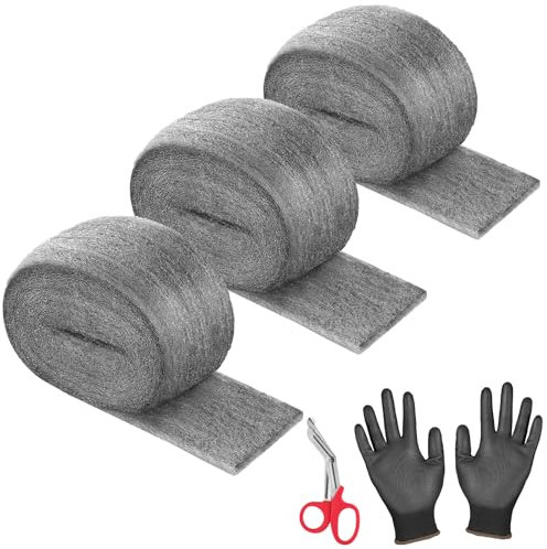 Foxtune Wire Wool, 3 Pack Steel Wool Mice Blocker with Gloves & Scissors, Hole Filler Wall 0000 Fine Wire Wool Mice for Cleaning, Metal Polish, Wood, Rat Rodent Control for Supermarket,Garden, Shed
