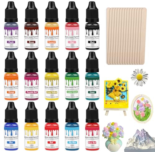 Farbpigmente für Gießpulver, 15 x 10ml Farbe für Gießpulver mit 15 Rührstäbchen, Farbpigmente für Gips & Beton, Pigment auf Wasserbasis für Modellbau DIY & Kreativprojekte, Handwerk