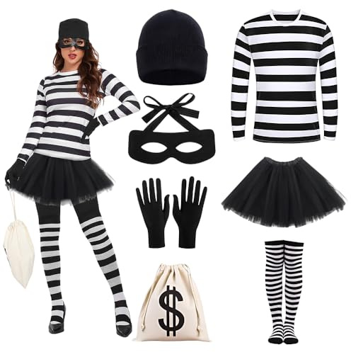 XPJBKC Costume Ladro Donna, Costume da Ladro con T-Shirt, Gonna Corta, Calzini al Ginocchio, Cappello Lavorato a Maglia, Maschera, Guanti, Portafoglio, Vestiti Carnevale per Natale, Festa a Tema