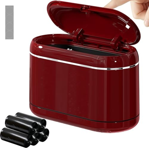PAVSTINE Papelera Escritorio Ventana Emergente de Cobertura, Papelera Pequeña Diseño De Doble Cañón, Papelera De Baño Equipado con 5 Rollos de Bolsas de Basura y 4 Alfombrillas Antideslizantes, Rojo
