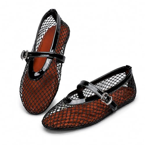 Women's Mesh Ballet Buckle Strap Mesh Ballet Shoes Flats Fishnet Ballerina Flats Wide Width Casual Office Daily Dress Summer Flat Shoes for Ladies (Black, 5)