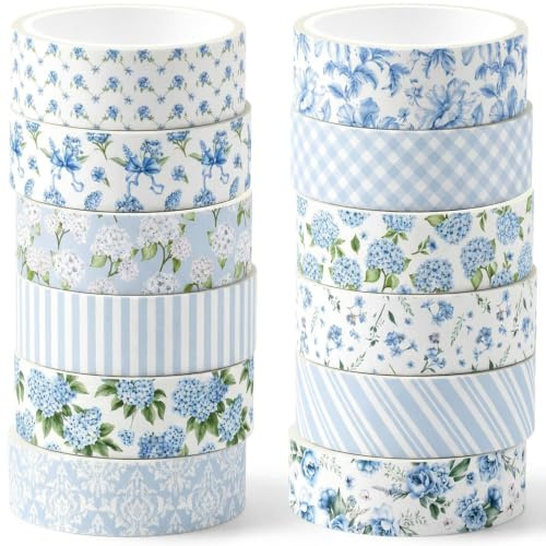VelvetGlow 12 Rolls Watercolour Floral Washi Tape Set, 15 mm, Vintage Floral Decorative Masking Tape for DIY Crafts, Scrapbooking, Journalling, Gift Wrapping, Dusty Blue