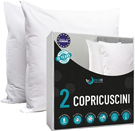 Dreamzie - Lot de 2 Protège Oreiller Imperméable - pour Oreillers 60x60 - Certifiés Oeko Tex® - Housse Extérieure en Coton Respirant avec Traitement BiOme: Hypoallergénique - Fermeture Eclair