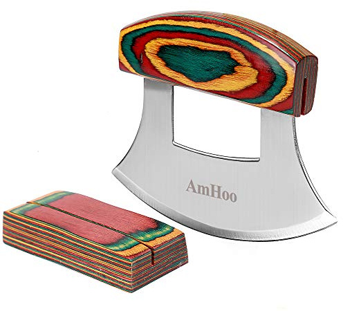 Amhoo Pizza Cutter Chef Mezzaluna Ulu Knife Handle Color Wood Grip Sharp Rocker Slicer Stainless Steel Blade Salad Onion Vegetable Chopper with Holder Base Christmas Gifts