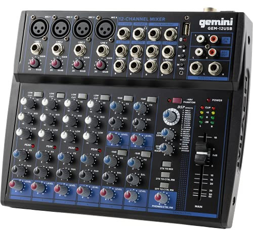 Gemini Sound Gem-12USB - Compact 12 Channel Analogue Mixer Including 4 Mic Channels, 3 Band EQ, USB Playback From USB Stick, And Bluetooth Streaming