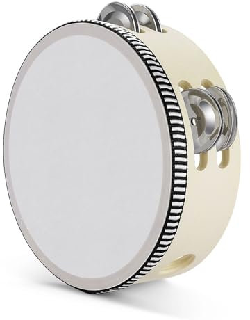 Flexzion Tamburin, Handtrommel mit Handgriff - 15cm, Schellenkranz in Mond-Form aus Holz, Musik Schlaginstrument, zweireihige Schellenring mit 8 Paar Metall Schellen, für KTV & Party, Beige