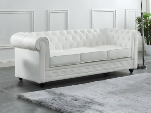 Vente-unique - Canapé 3 Places en Cuir de Buffle Blanc Chesterfield