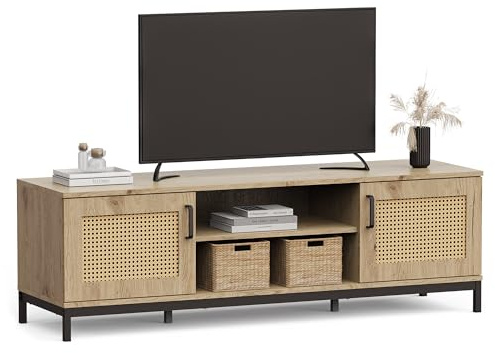 Vonhaus TV Stand - Rattan Effect TV Unit for Living Room - Scandi Style Light Wood Effect TV Cabinet for up to 60 - 2 Internal Storage Compartments & 2 Open Shelves with Black Legs - Lena