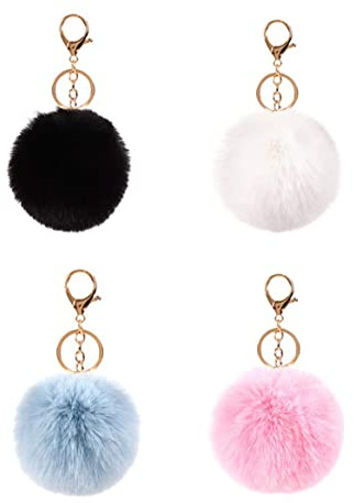 Pom Pom Nyckelring, 4 st tillverkning kit, festfyllare, docka, fluffig boll, lurvig kanin fuskpäls, nyckelbricka bollar, flerfärgad för kvinnor, flickor, väsktillbehör