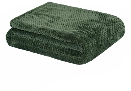 Dreamscene Fleece Blanket Green Throw, Soft Cosy Warm Honeycomb Waffle Throws for Sofas Bed Settee Faux Fur Throws Lightweight Fluffy Single Bed Throw, Forest Green - 125 x 150cm