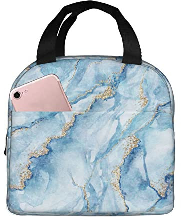 XVBCDFG Bolsa de almuerzo azul marino mármol blanco acuarela dorado agrietado aislado con compartimentos reutilizable lindo estampado asa portátil caja de al