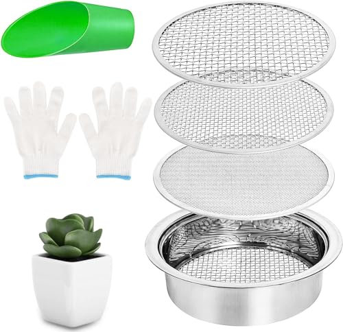 Setaccio da Giardino in Acciaio Inossidabile 3-in-1, Setaccio per Terreno Rotondo da 24 cm con 3 Inserti Intercambiabili Ø 1mm, 4 mm e 6 mm+ Guanti + Paletta da Giardino per Terra, Compost, Pietre