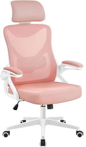 Yaheetech Sedia Ufficio Ergonomica con Braccioli Poggiatesta Regolabile Schienale Alto Funzione Dondolo Poltrona Scrivania Girevole in Rete Traspirante con Supporto Lombare Bianco/Rosa