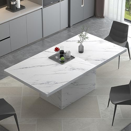 HSH - Tavolo da pranzo moderno per sala da pranzo, grande tavolo da pranzo rettangolare in legno per 6-8 persone, design con colonna stabile per cucina, ristorante, aspetto marmo, bianco 180 cm