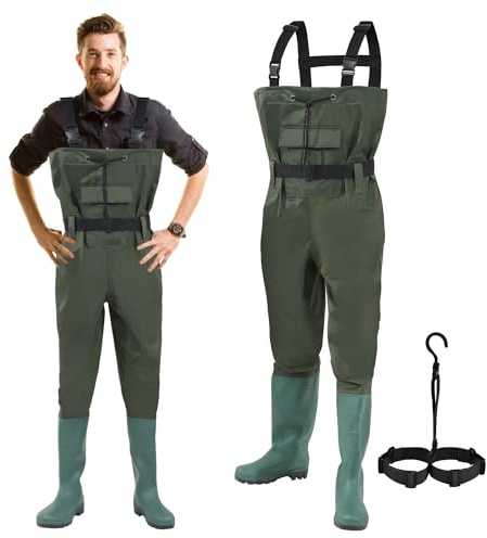 Izrielar Wasserdichte Angelhose, 70 Denier Nylon PVC, mit Gummistiefeln, Bund, Taschen und Haken, für Angeln, Bauernhöfe, Gärten