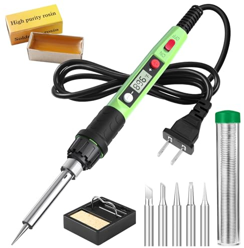 Soldering Iron Kit, 80W 110V LCD Digital Solder Iron Pen with Ceramic Heater, Portable Welding Tools with 5pcs Tips, Stand, Solders Wire, Sponge, Paste, for Metal,Electric Repairs, DIY, Green