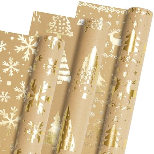 Christmas Wrapping Paper Rolls, Metallic Gold Foil - Brown Kraft Xmas Wrapping Paper Rolls, Gift Wrapping Paper for Women Men, Wrapping Paper for Christmas New Year Winter, 3 Rolls, 43cm x 3m Per Roll