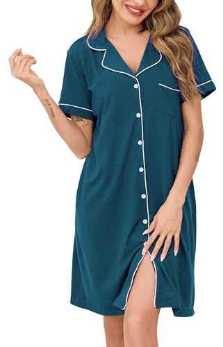 Wikoan Chemise de Nuit Femme Manche Courte Vêtements de Nuit avec Boutons Devant Chemise de Nuit Coton Allaitement Col V Robe de Nuit Court avec Poches Bleu Vert M