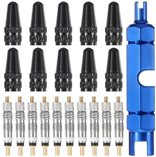 21 Stück Fahrradventil Adapter, Fahrrad Französisches Ventile Reparaturset 10 Französisches Ventil, 10 Ventileinsatz Ventilkappen und 1 Schaftentfernungswerkzeug für Fahrräder Rennrad MTB