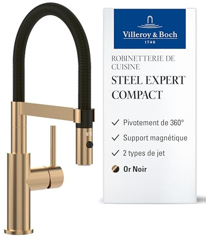 Villeroy & Boch Steel Expert Compact - Rubinetto da cucina ad alta pressione, rubinetto da cucina con funzione inverter e beccuccio girevole, rubinetto per lavello a risparmio d'acqua, altezza becco