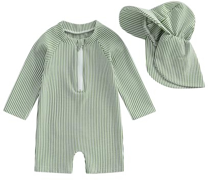 XIXIMAON Baby Boy One Piece Swimsuit Striped Jumpsuit Beachwear Long Sleeve Half Zipper Swimwear with Hat Newborn Bathing Suit Toddler Boy Rash Guard (Green, 6-12 Months)