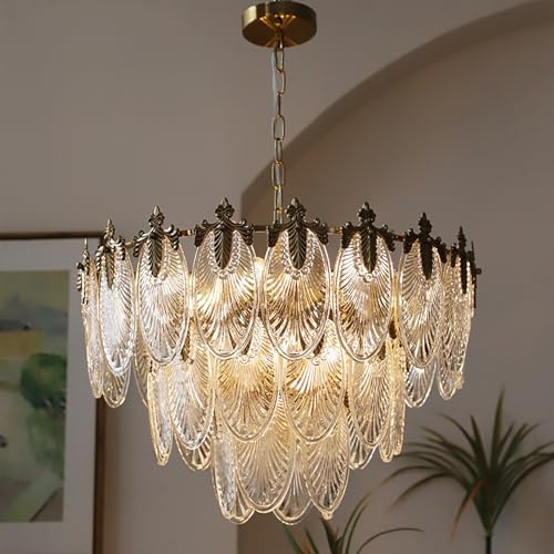 KELUOLY Antique Chandelier 3-Tier Glass Crystal Chandeliers, 9-Lights Gold Round Pendant Light 23.6 Brushed Brass Adjustable Height, Applicable to Dining Room, Bedroom, Living Room, Foyer, Kitchen