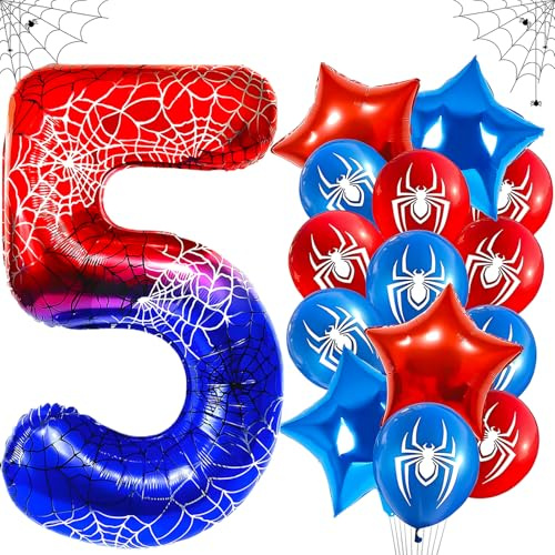 Spider Palloncini Compleanno 5 Anni, 15 Pcs Lattice Palloncini Foil Stella, Palloncino in Foil a Tema Ragno, Alluminio Palloncino Numero 5, Spider Decorazione di Compleanno per Halloween Anniversario